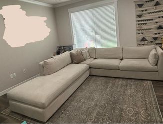 Large Beige Macys Down Fabric Sectional Sofa with Chaise