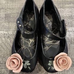 Mini Melissa Ultra Girl Youth Black & Pink Beauty & the Beast Rose Dress Shoes