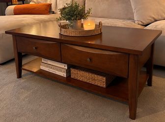 Solid Wood Coffee Table with Storage Drawers & Shelf