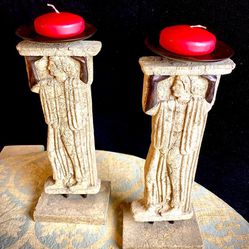 Beautiful Greek themed set two candle holders H16.5xL6.5xW5/4.5 inch Lbs 13 Concrete ceramic sculpture, ancient Greek themed candle holder Candles NOT