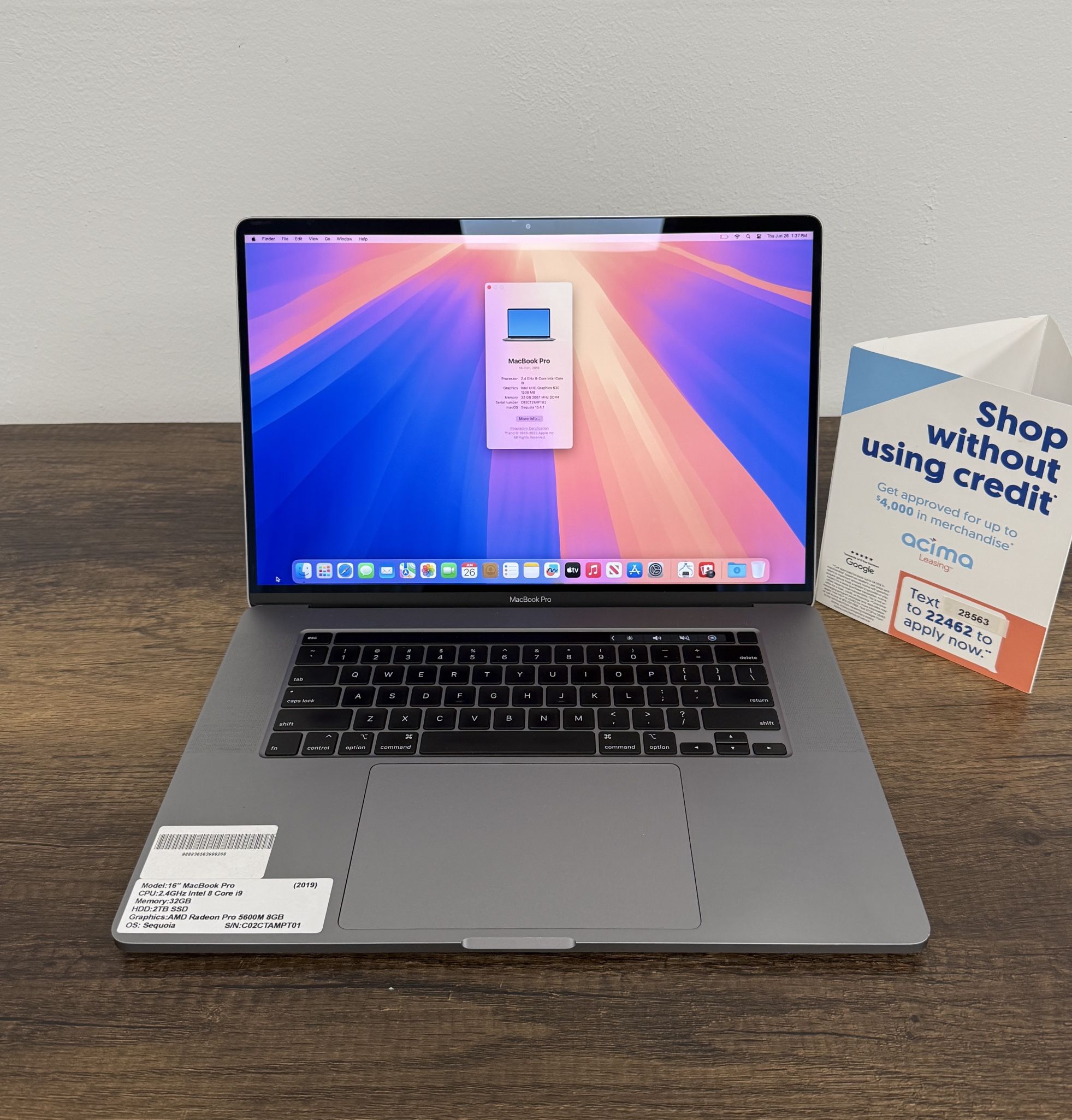16" MacBook Pro Touchbar 32GB RAM*2TB SSD*2.4Ghz Intel 8 Core i9