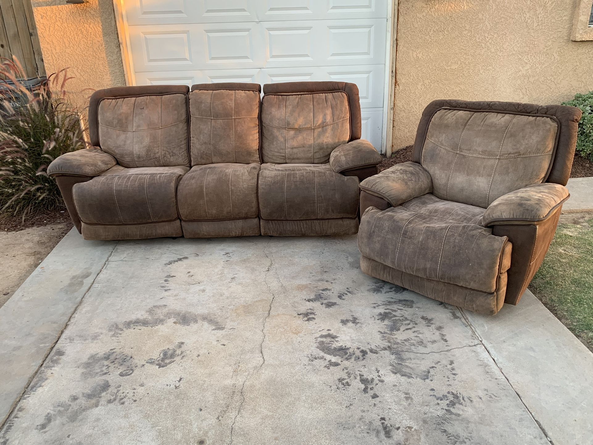 3 Seat Brown Suede Coach & Powered Recliner Chair