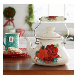The Pioneer Woman Cheerful Rose Enamel On Steel 2 Quart Tea Kettle.