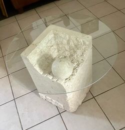 1980’s Magnussen Presidential Faux Tessellated Stone Sphere Ball Table w/ Round Glass Top