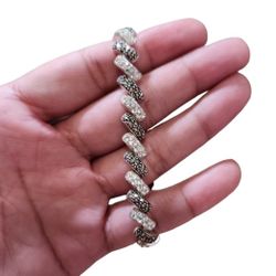 Thailand A925 Sterling Silver Maracsite & CZ Tennis Link Bracelet 6"