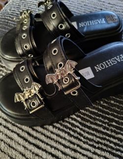 Black Gothic Platform Sandals with Bat Hardware