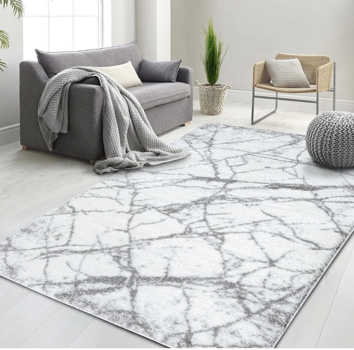 Ultra-Soft Cobalt Gold, Beige and White Shaggy Rug with Elegant Marble Pattern