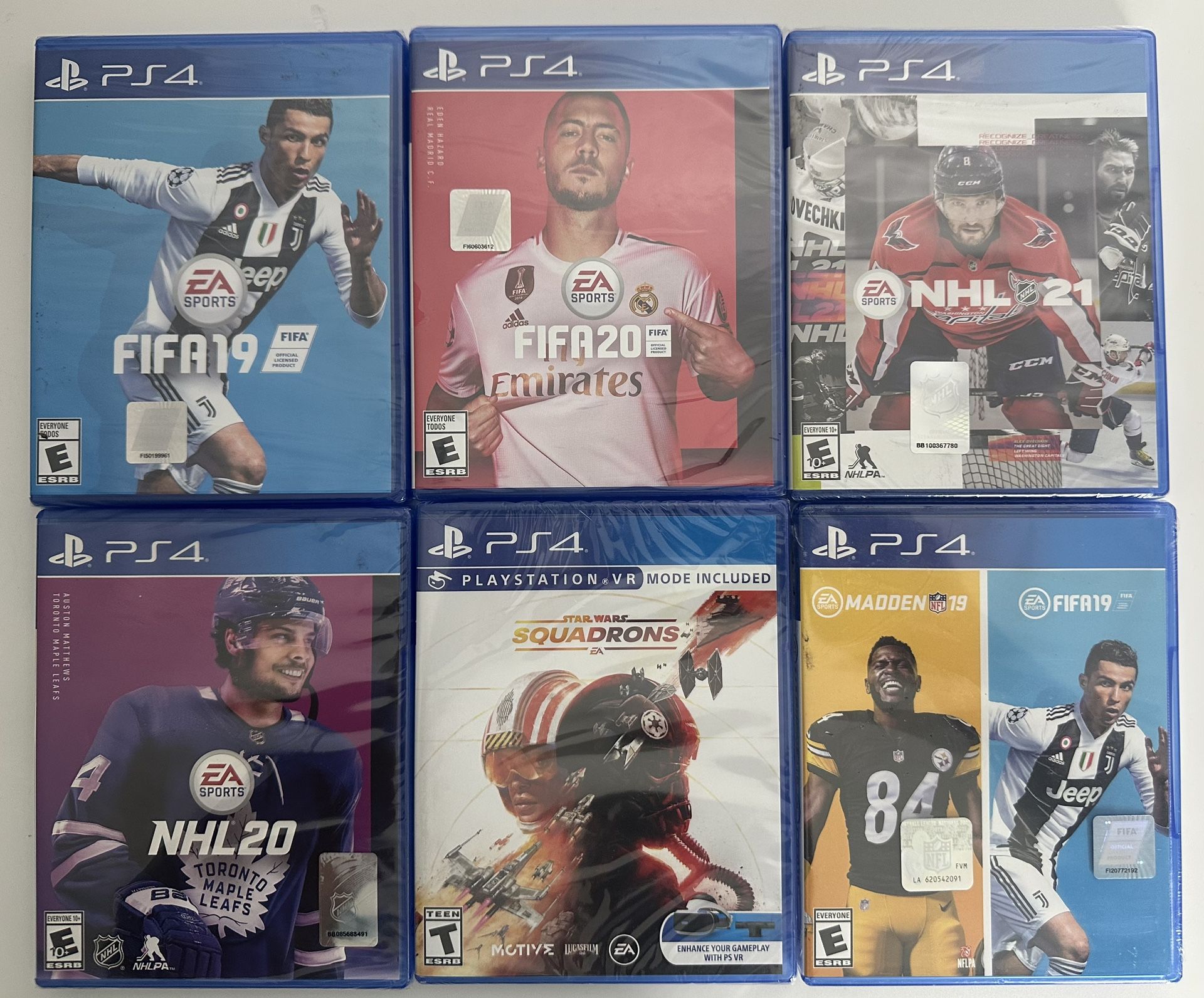 PS4 Sealed Games Lot — FIFA 19, FIFA 20, NHL 20, NHL 21, Star Wars Squadrons & Madden 19