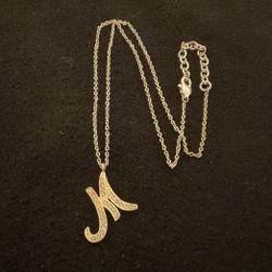 16” SilverTone Necklace And Goldtone Initial (M) Pendant With Rhinestones,by LC