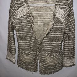 Ladies Womens Small Miss Me cream black cardigan blazer fringe tweed sweater