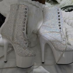 7" White Glitter Pleaser Boots – Size 7 
