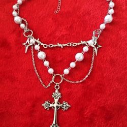 Silver and White Cross Pendant Necklace
