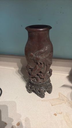 Carved Wood Vase with Dragon Base