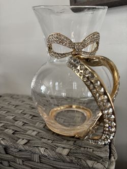 Glass Pitcher/vase With A Bow Handle With Rhinestones
