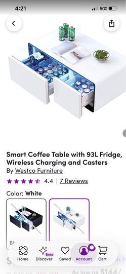 Coffee table with built in fridge/freezer, LEDs, and phone charger