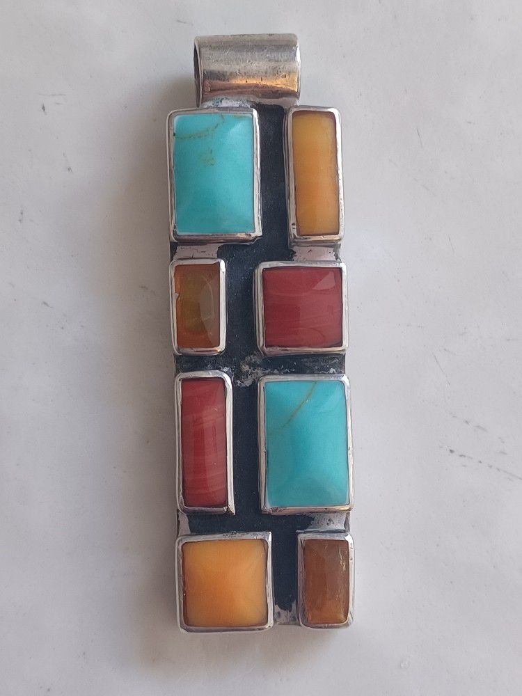Amazing Vtg.Mexico Sterling Silver Turquoise, Coral,ect.pendant