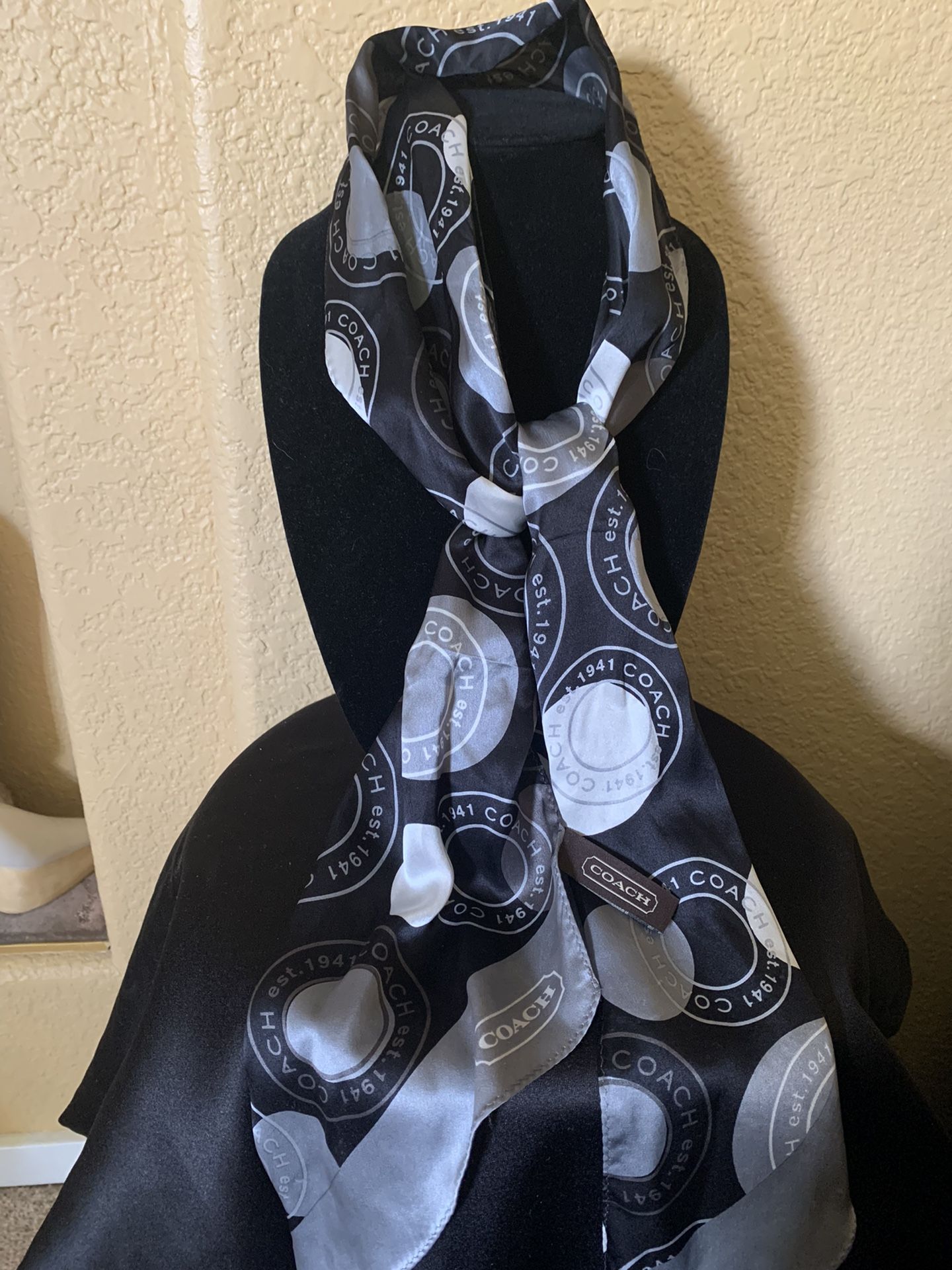 Coach 100% Silk Scarf - Black /White/Grey