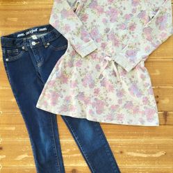 SIZE 8 GIRLS 2-PIECE OUTFIT GRAY FLORAL PRINT LONG SWEATER TUNIC W/BLUE SUPER SKINNY JEANS