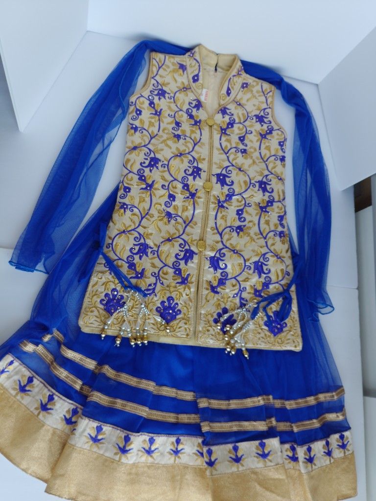 Traditional Indian Embroidery Party dress /Blue And Gold /Size 26