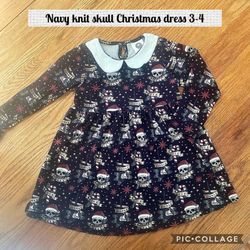 Girls3T 4T Cotton Knit Christmas Dress Navy With Skulls “jungle Bell”