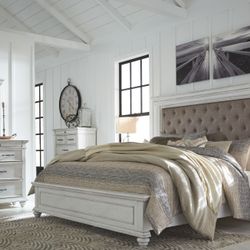 Kanwyn - Whitewash - 6 Pc. - Dresser, Mirror, Chest, Queen Upholstered Panel Bed 