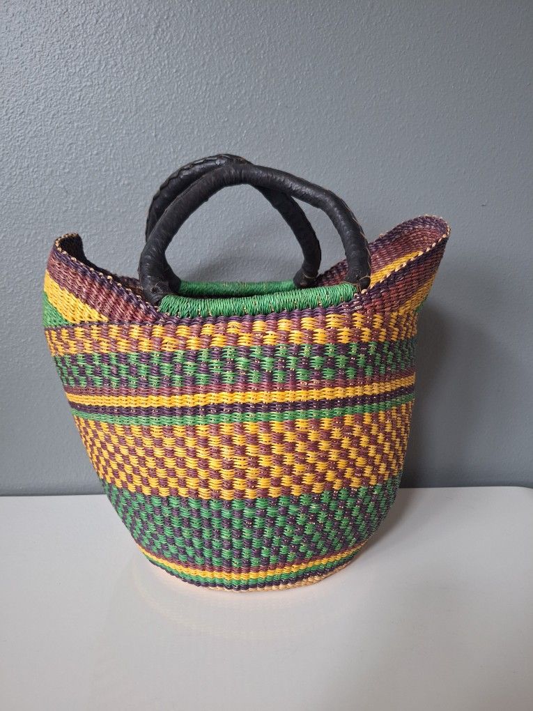 Handwoven African Bolga Style Basket U Shopper Elephant Grass Leather