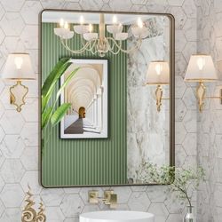 NIB 30”X36” Bronze Bathroom Mirrors for Vanity, Rounded Rectangle Brushed Bronze Metal Frame Mirror, Anti-Rust, Tempered Glass, Hangs Horizontally or 