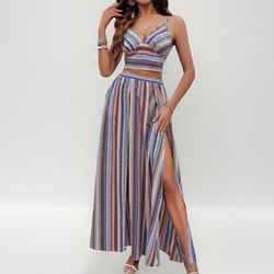 Shein Women Size S Striped 2 Piece Set Beach Set Top Long Skirt Set New No Tags