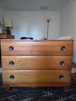 Vintage MCM 3-Drawer Oak Wood Dresser with brass pulls