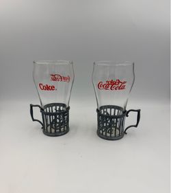 Vintage 1985 Coca-Cola Fountainware Set for two, originally produced by the Indiana Glass Co.; Old Fashioned Soda Fountain Coke Glasses