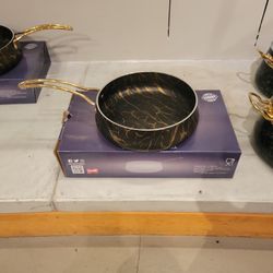 Frying pan with gold handle