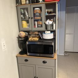 72 in. H Gray Kitchen Pantry Hutch Cabinet Storage with Buffet Cupboard, Microwave Stand and Adjustable Shelves