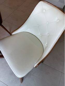 Mid century walnut wood/white leather dining chair set
