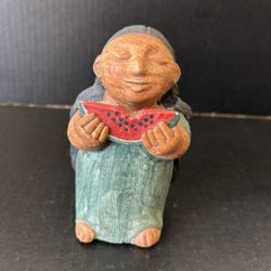 Oaxaca Clay Doll Woman Eating Watermelon Mexican Folk Art