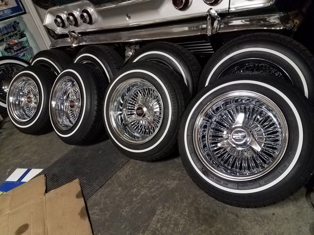 13 inch 72 spoke wire rims 3 wing Dayton knockoffs lowrider white wall tires cash or trade 13x7
