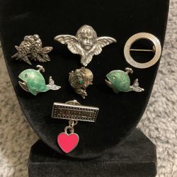 7 Small Vintage Silver Tone Pins/brooch,some With Rhinestones 