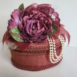 Vtg Small Oval Embellished Victorian Rose Flowers Keepsake Trinket Box w/ Lid