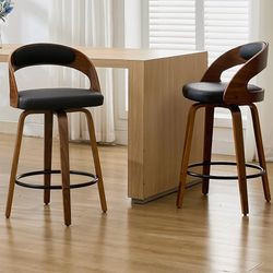 Swivel Counter Height Bar Stools Set of 2, Faux Leather Upholstered Seat Back & Bentwood Legs Bar Chairs, 30" Seat Height Counter Stools for Kit