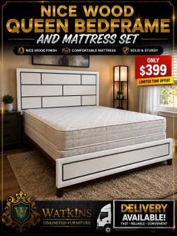 🛏️ Beautiful Queen Size Wood Bed Frame & Mattress Set – Delivery Available! 🛏️