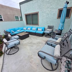 Complete Teal Patio Lounge Set — Firepit + Umbrella + Extras - $300 (North Park)