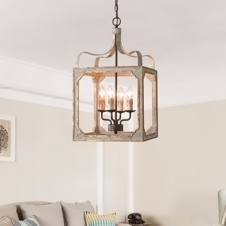 French 4-Light Lantern Chandelier Square Candelabra Pendant Light In Antique Gray $80