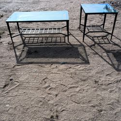 Brutalist-Style Coffee & End Tables Inlaid Stone Tiles & Glass Top
