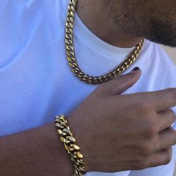 14MM Cuban Set 14K Gold Plated Doesn't Loses Color 