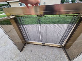 Brass fireplace frame with mesh screen and glass doors
