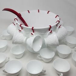 Mid Century Indiana Glass Orleans Punch Bowl Weddings Christmas Baby Shower Original Box 12 Extra Mugs Milk Glass 