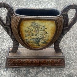 antique wooden vase floral design 