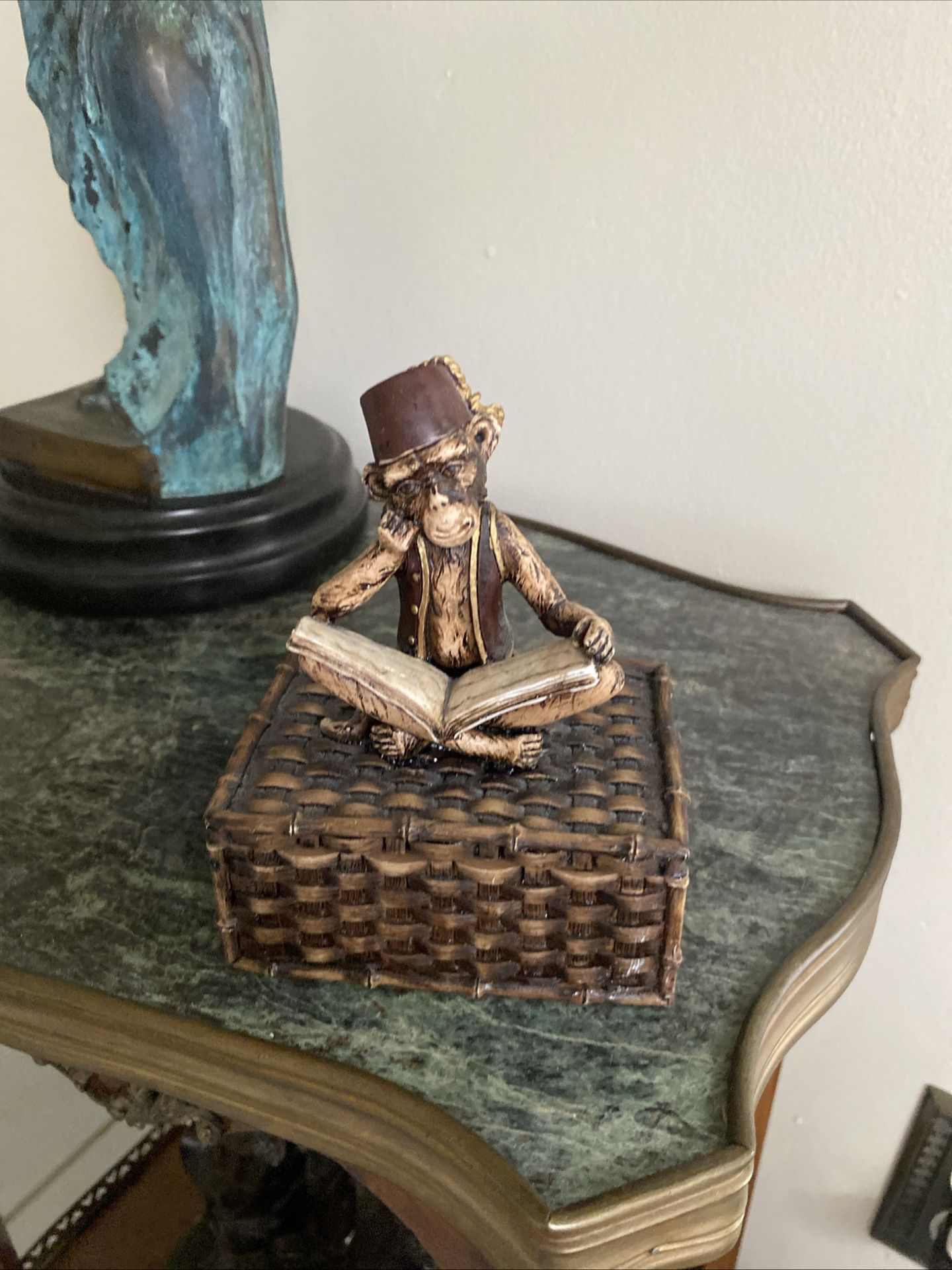VTG Resin Monkey Reading Trinket Box Book Fez Hat Woven Basket