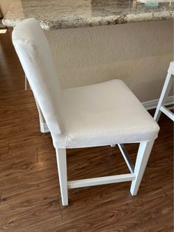 2 IKEA BERGMUND Counter Stools – White, Washable Covers, 24-inch Seats