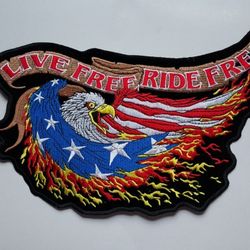 Motorcycle Patch "Live Free Ride Free" Iron On Biker 12” Eagle Flag USA