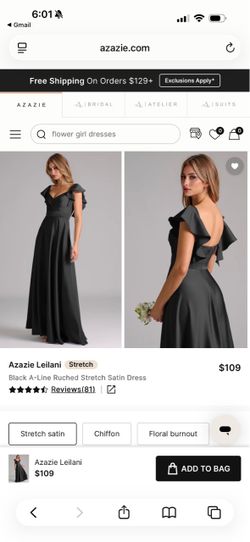 Azazie Leilani Black A-Line Ruched Stretch Satin Dress